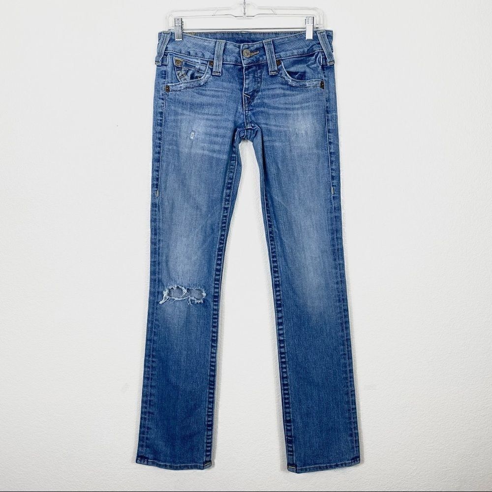 True Religion Light Wash Distressed Low Rise Straight Leg Jeans